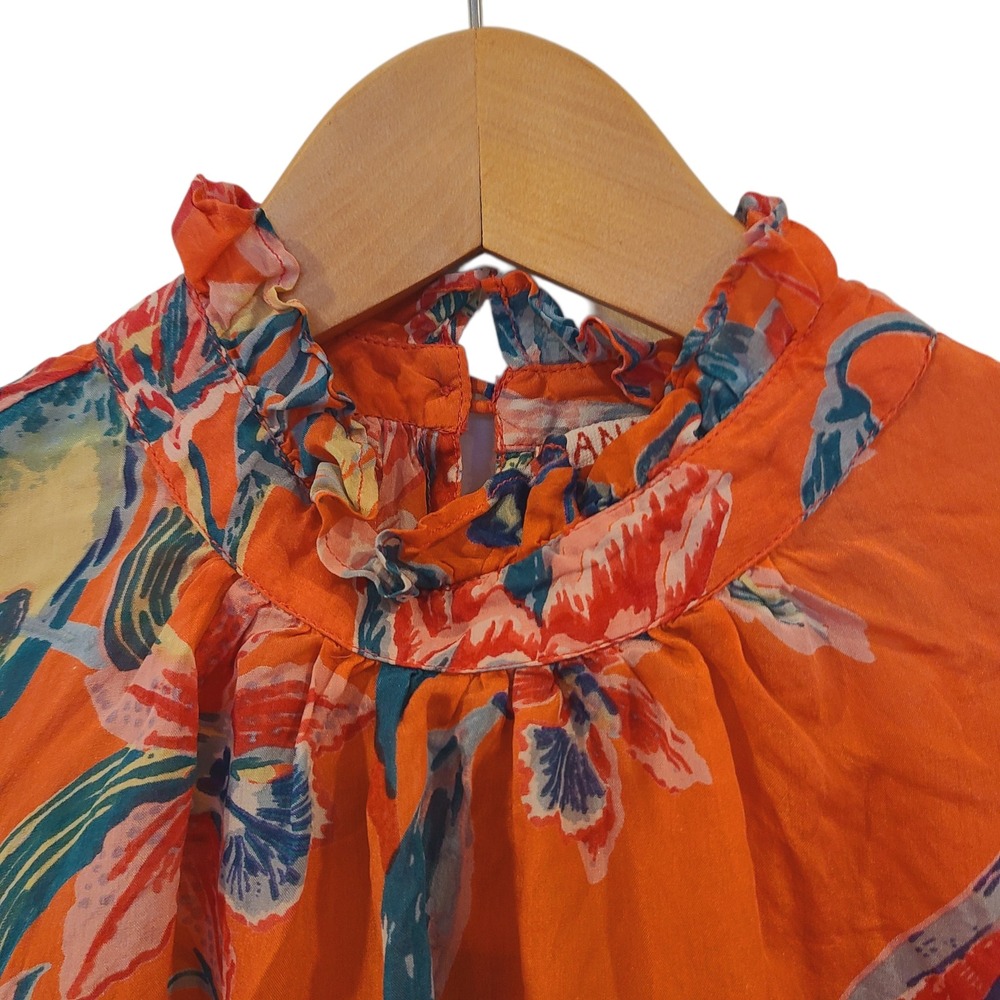 Banjanan Orange Silk Tropical Floral Bird Print Ruffle Neck Blouse Womens XS - Picture 5 of 9